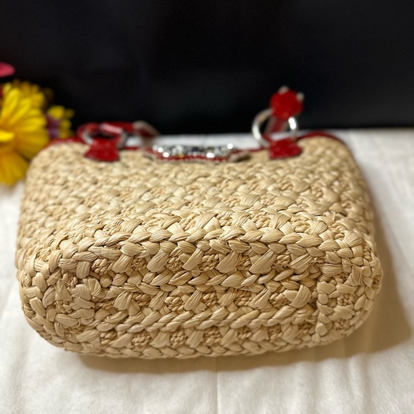 Rare Brighton Straw & Red Leather Trim Shoulder Bag w/Butterfly Magnetic Closure - Picture 4 of 16